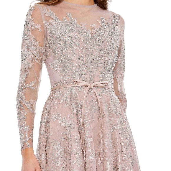 Mac Duggal 20337 NWT EMBELLISHED BOW BELT ILLUSION LONG SLEEVE A LINE DRESS - Picture 4 of 9